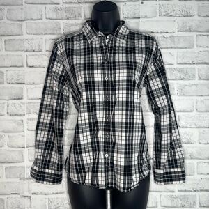 LOFT Black & White Plaid Button Down Shirt Size MP Medium Petite